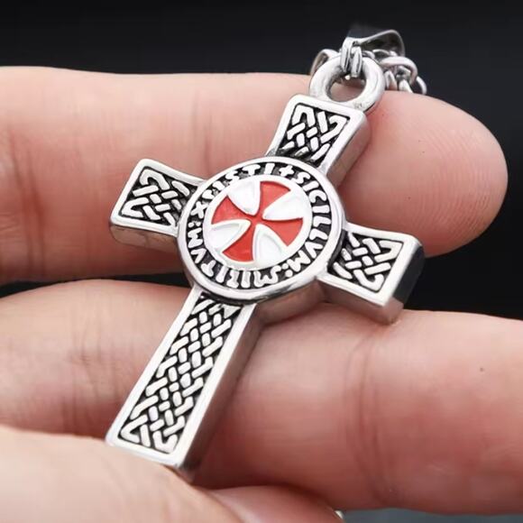 Silver & Red Cross Pendant Necklace Crusader Crusades Men's Christmas Birthday